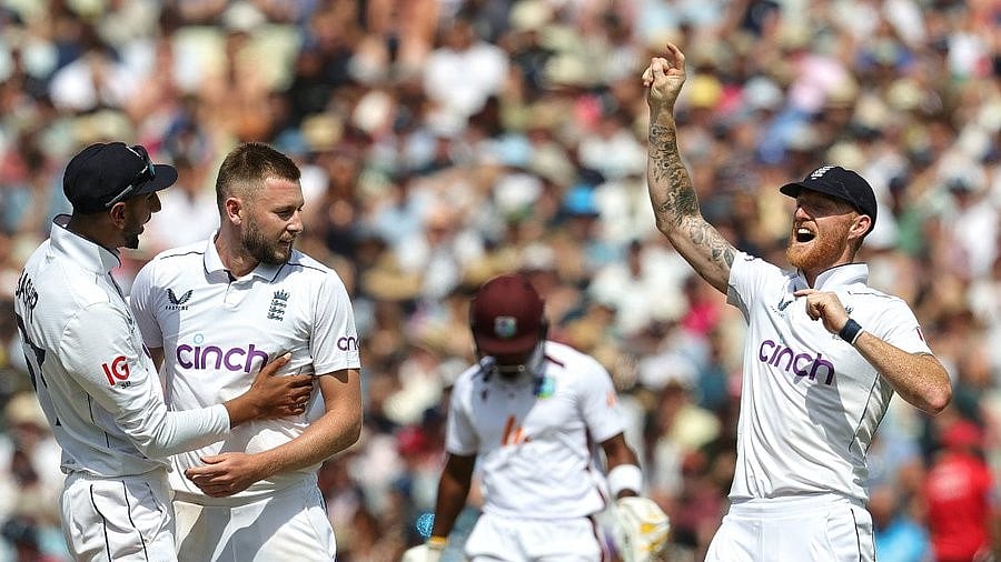 Photo: X | England Cricket : England national cricket team players celebrating a wicket against West Indies.